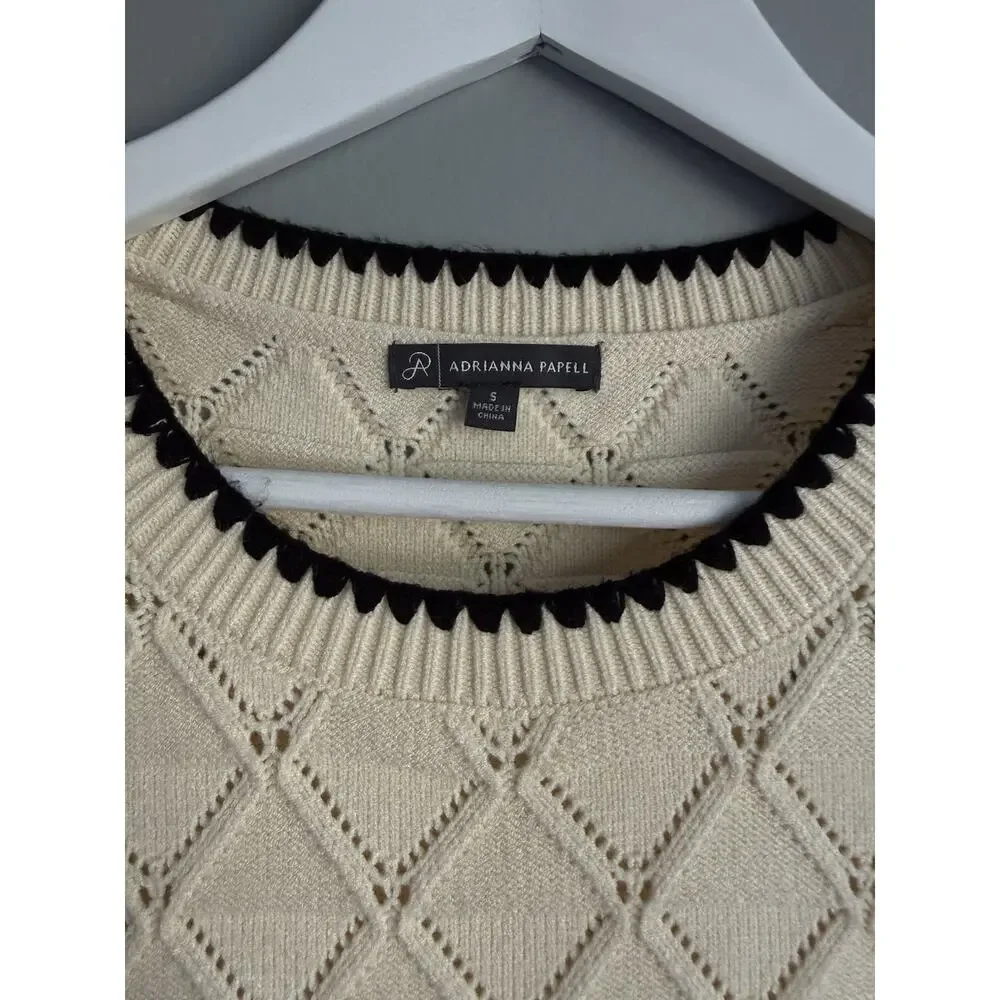 Adrianna Papell Vest Cream Black Trim Diamond Knit Size S Old Money Preppy